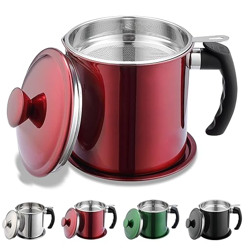 Kyraton Bacon Grease Container With Strainer  48 oz Metal Shining Red Stainless Steel Oil Container  Pot Fat Storage With Lid  Easy Grip Handle Suitable For Storing Frying Oil And Cooking Grease